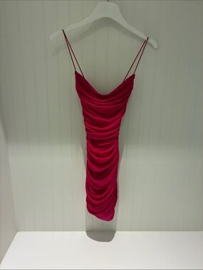 Ruched Cowl Neck Mini Dress in Fuchsia - Sleek Spaghetti Strap Design